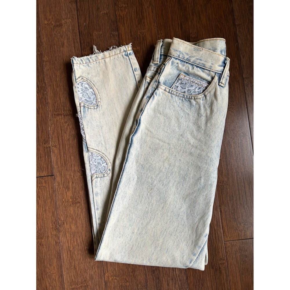 Vintage 80s/90s Jordache Girls Acid Wash Lace Heart Jeans Size 7/8